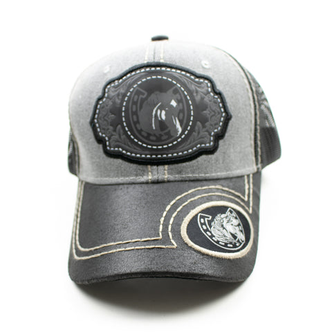 Horse Patch Baseball Cap, Light Grey w/Black Leather Bill