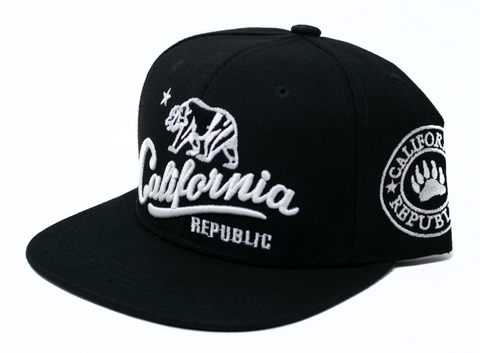 Snapback Cap - Cursive California Republic Bear Black