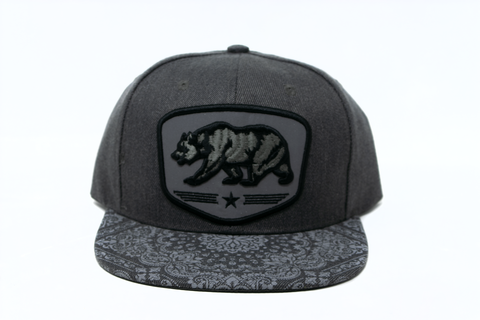 Snapback Cap -  Cali Bear Patch w/Bandana Print Brim, Dark Grey