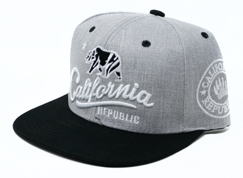 Snapback Cap - Cursive California Republic Bear Light Grey w/Black Brim