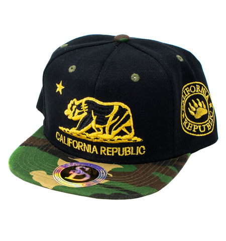 Snapback Cap - California Republic Bear, Black w/Camo Bill