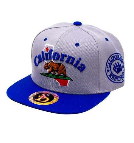 Snapback Cap - California Bear, Grey w/Royal Blue Brim