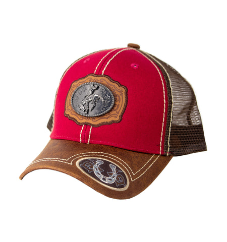 Mesh Metal Rider Logo Baseball Cap, Red Brown Leather Bill