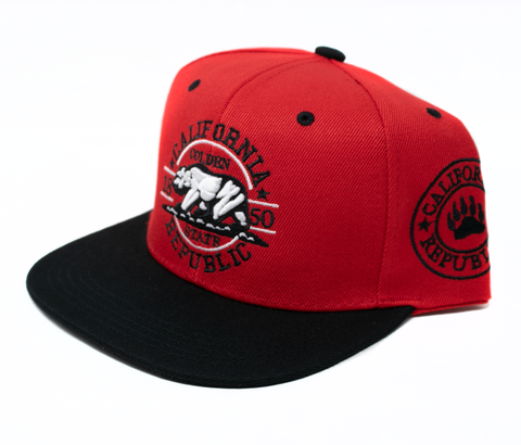 Snapback Cap - California Republic Golden State, Red w/Black Brim