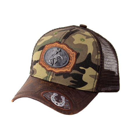 Mesh Metal Rider Logo Baseball Cap Camo, Brown Leather Bill