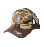 Mesh Metal Star Logo Baseball Cap Camo Brown Leather Bill