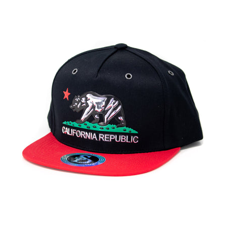 Snapback Cap California Republic Silver Bear, Black w/Red Bill