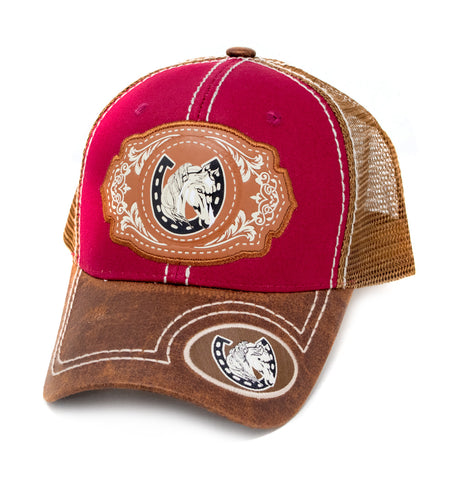 Horse Patch Baseball Cap, Red w/Brown Leather Bill