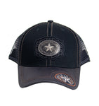 Mesh Metal Star Logo Baseball Cap Black, Black Leather Bill