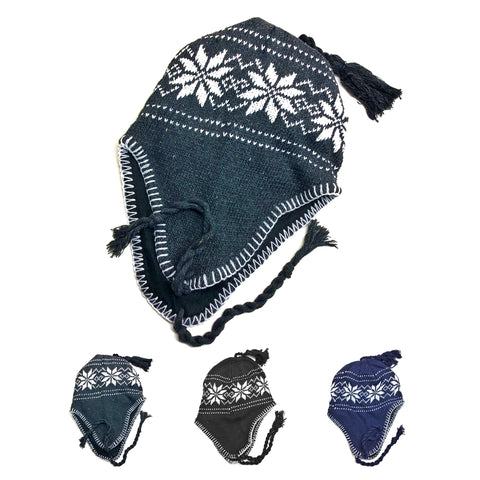 Helmet Hat with Strings Snowflake - Tassel/Pom Assorted, Adult